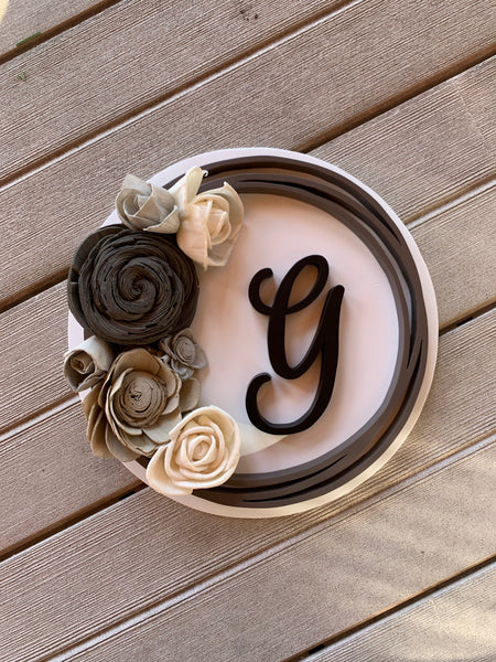Round Family Initial Sign with Wood Flowers